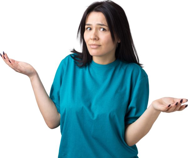 I don't know. Studio shot of confused brunette female.