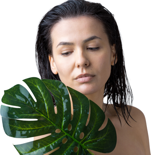 Doğal yeşil palmiye yaprağı portresi olan bir kadın. Moda, güzellik, makyaj, kozmetik.