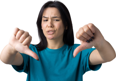 Mavi kolsuz tişörtlü genç bir esmer, olumsuz bir ifadeyle başparmak hareketi yapıyor.