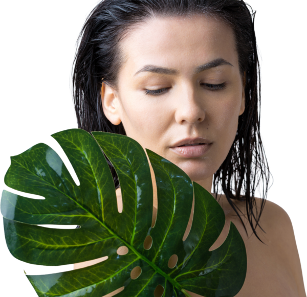 Doğal yeşil palmiye yaprağı portresi olan bir kadın. Moda, güzellik, makyaj, kozmetik.