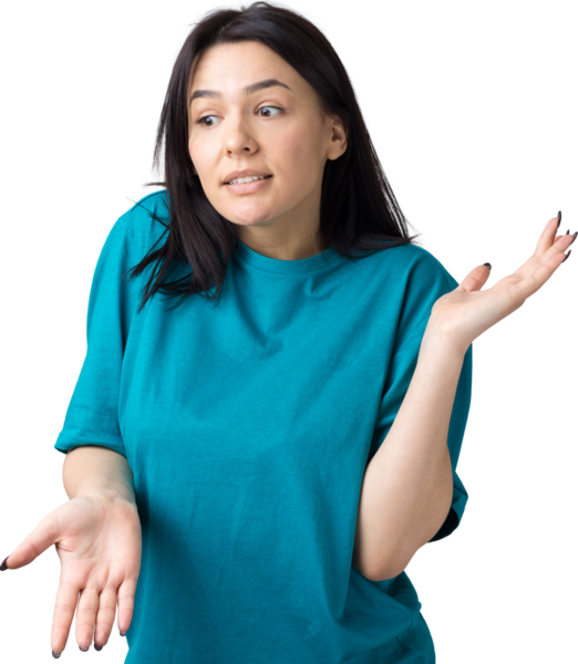 I don't know. Studio shot of confused brunette female.