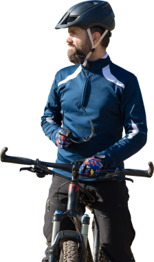 Pantolon ve yün ceketli bir bisikletçi. Havalandırma çatallı, modern bir karbon motorlu. Tepedeki adam bisiklete biniyor..