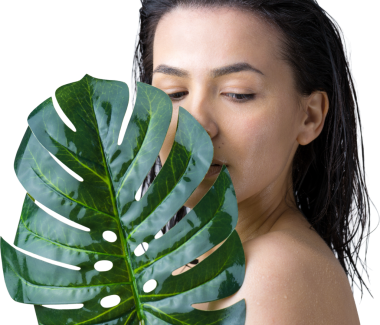 Doğal yeşil palmiye yaprağı portresi olan bir kadın. Moda, güzellik, makyaj, kozmetik.