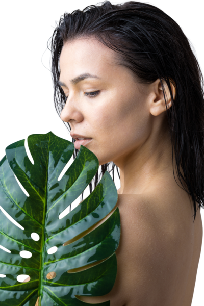 Doğal yeşil palmiye yaprağı portresi olan bir kadın. Moda, güzellik, makyaj, kozmetik.