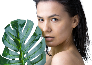 Doğal yeşil palmiye yaprağı portresi olan bir kadın. Moda, güzellik, makyaj, kozmetik.