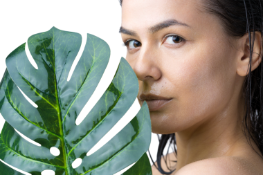 Doğal yeşil palmiye yaprağı portresi olan bir kadın. Moda, güzellik, makyaj, kozmetik.