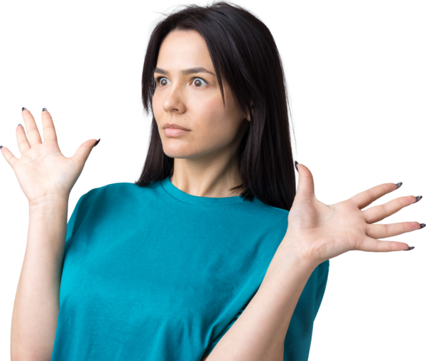 Young beautiful woman with facial expression of surprise standing over gray background.
