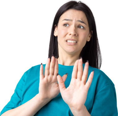 Rahatsız edici güzel esmer portresi, el hareketlerini durdurmak için kaldırıyor. Bu kadar yeter, teşekkürler..