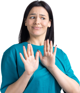 Rahatsız edici güzel esmer portresi, el hareketlerini durdurmak için kaldırıyor. Bu kadar yeter, teşekkürler..