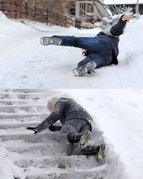 雪に覆われた道路や階段で冬の事故危険性 — ストック写真