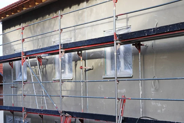 Freshly Plastered New Building Scaffolding Taped Windows — Stock Photo, Image