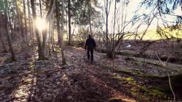 Vidéo Homme Faisant Une Promenade Hivernale Dans Forêt — Video