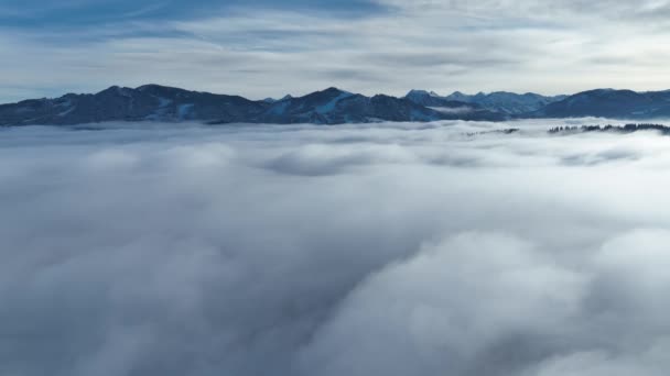 冬のドローンビデオ 山の前の谷の霧で — ストック動画