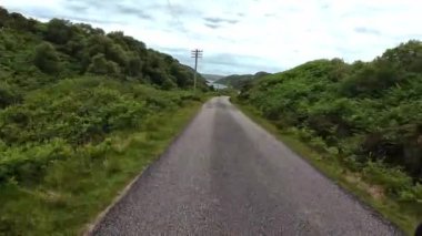 İskoçya 'da koyunlarla dolu tek bir patika yolu videosu.