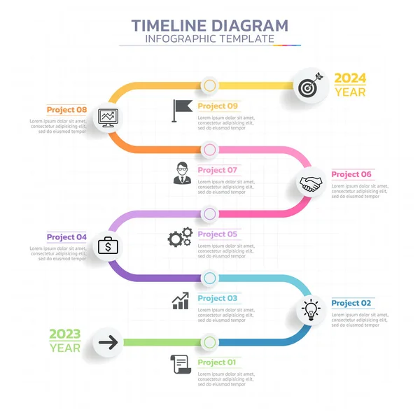 Idővonal Diagram Infografikai Lépések Sablon Háttér — Stock Vector
