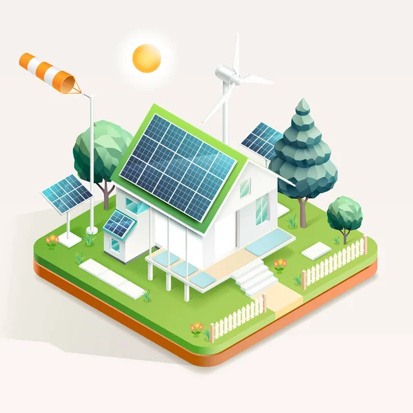 Smart Home Mit Solarzellen Isometrische Vektorabbildung — Stockvektor