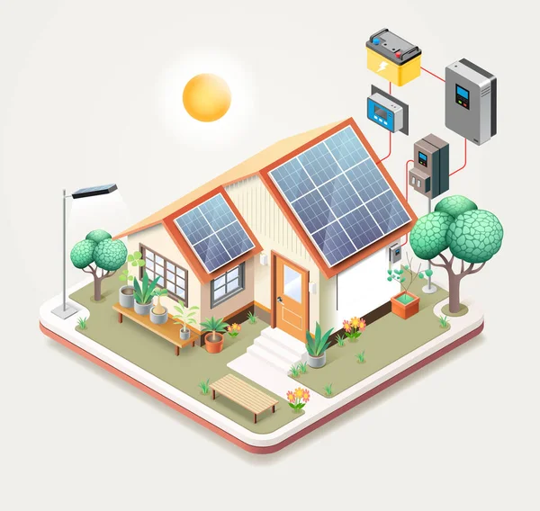 Casa Inteligente Com Painéis Solares Ilustração Vetorial Isométrica —  Vetores de Stock