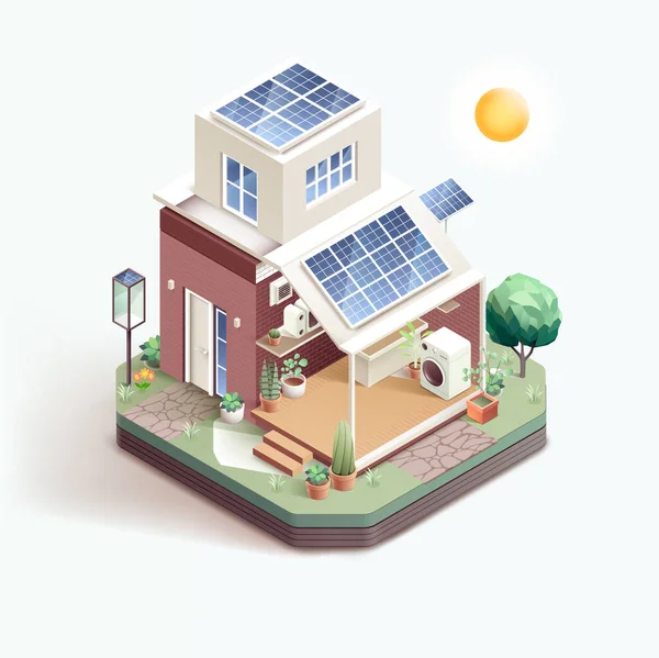 Casa Inteligente Com Painéis Solares Ilustração Vetorial Isométrica — Vetor de Stock