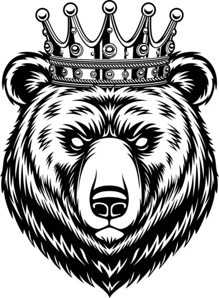 Rei Urso Cabeça Com Coroa Luxo Ilustração Preto Branco — Vetor de Stock