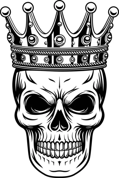 Král Lebka Hlava Luxusní Korunou Černá Bílá Ilustrace — Stockový vektor