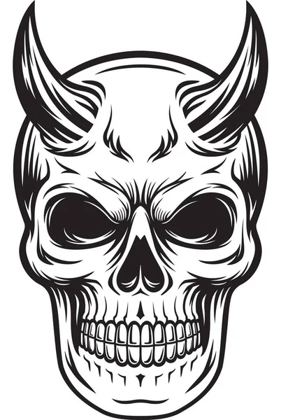 Devil Skull Head Have Horns Black White Illustration — Stock Vector