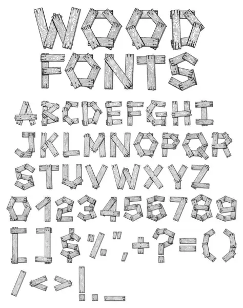 Alfabet Drewniane Deski Czcionek Litery Cyfry Ilustracja Wektora Narysowanego Ręcznie — Wektor stockowy