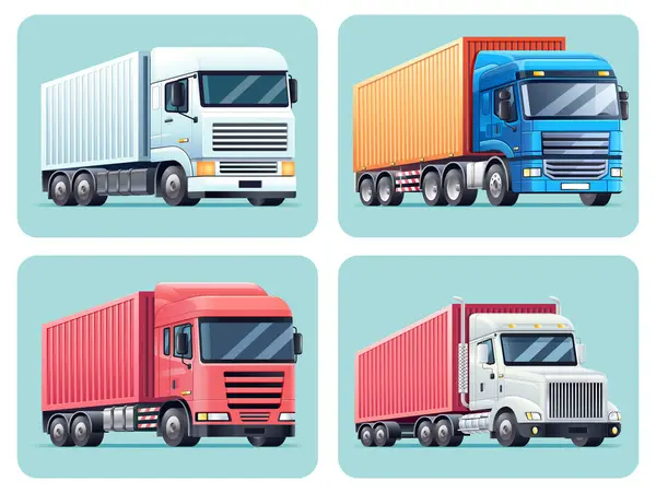 Lastbilar Med Släpvagnar Transport Färg Set Vektor Illustration Royaltyfria illustrationer