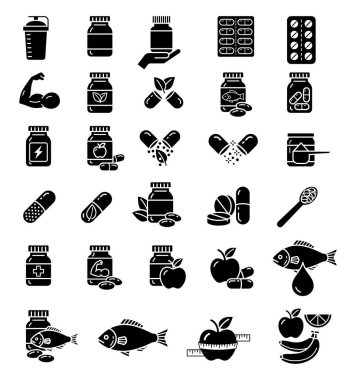 Vitaminler ve besin takviyesi gıda ikonları vektör illüstrasyonu.