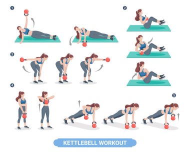 Çömelmeler, baskılar, salıncaklar ve Türk kıyafetleri de dahil olmak üzere çeşitli egzersizler sergileyen bir kadının yer aldığı resimli bir kettlebell çalışma rehberi.