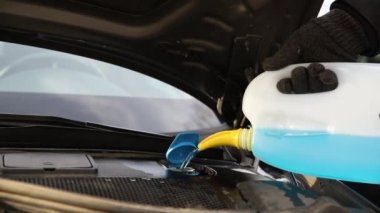 Close-up detail of driver or mechanic hand in gloves pouring blue antifreeze liquid for winter car windshield screen washing with bootle watering can. Car seasonal service and maintenance concept.