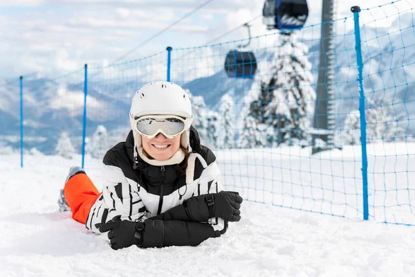 Portrait Young Adult Happy Beautiful Female Skier Woman Lying Snow — Stock Photo, Image