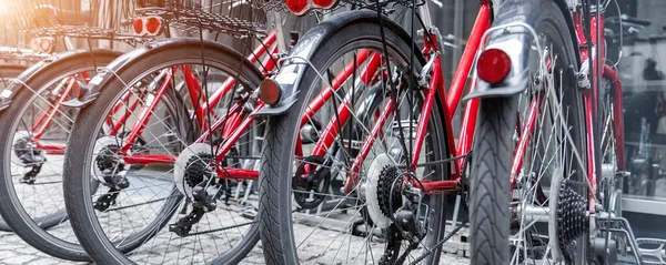 Nahaufnahme Vieler Roter Citybikes Die Einer Reihe Der Europäischen City — Stockfoto