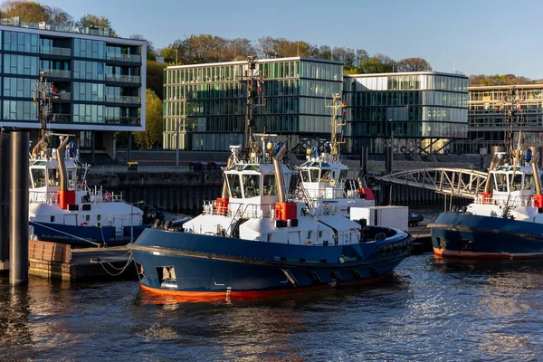 Günbatımında Hamburg Elbe limanında birçok modern güçlü çekici servis ekibi sıraya dizildi. Almanya endüstriyel kargo nakliye limanındaki römorkör filosunu destekleyin..