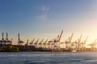 Manzaralı sıra büyük kargo konteyneri Hamburg liman limanı vinçlerini sabah güneşinin ılık ışığında yüklüyor. Küresel ticari taşımacılık kiralama sözleşmesi lojistik geçmişi.