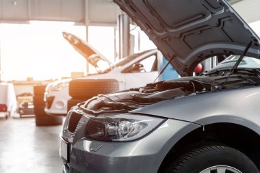 Araba servisi garaj atölyesi. Araç bakım istasyonunda kaldırıldı. Otomobil tamiri ve kontrol. Otomotiv sigortası ve teknik denetim denetimi.