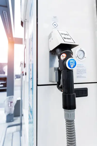 Close-up detail view of hydrogen fuel filler nozzle nozzle adapter car H2 gas filling station in Germany. Refueling vehicle with renewable innovative zero emission product. Future safety technology.