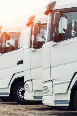 Yeni modern elektrikli hibrit hidrojen filosu ya da dışarıda sıraya dizilmiş dizel beyaz kamyonlar. Kargo taşımacılığı endüstriyel lojistik servisi. Ticari araçların bakım sigortası.