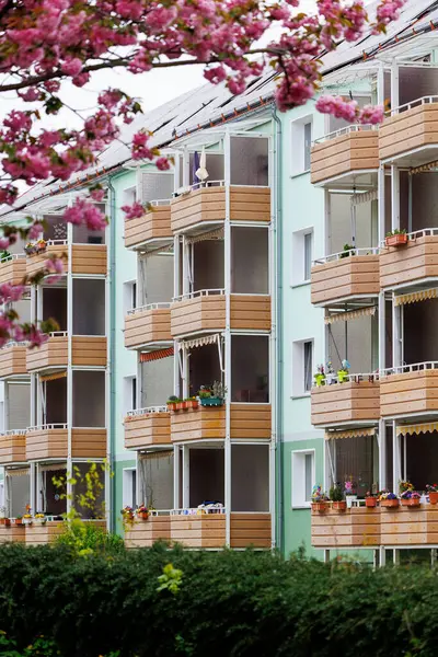 Alman eski ve yenilenmiş apartman binası cephesi ahşap balkonlar ve saksıda çiçekler. Kiraz pembesi çiçekleri bahar mevsimi yerleşim alanı. Emlak piyasası ve sigortası.