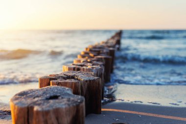 Ahşap dalgalar, yumuşak akşam ışığı altında mavi denize doğru uzanıyor. Yumuşak dalgalar kumlu sahile dokunurken, güneş sıcacık ahşap direklere ve parıldayan suya yansıyor..