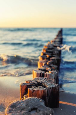 Ahşap dalgalar, yumuşak akşam ışığı altında mavi denize doğru uzanıyor. Yumuşak dalgalar kumlu sahile dokunurken, güneş sıcacık ahşap direklere ve parıldayan suya yansıyor..