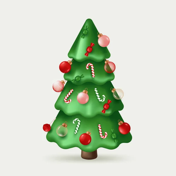 Weihnachtsbaum Geschmückte Glaskugeln Und Bonbons Cartoon Vector Illustration Stil — Stockvektor