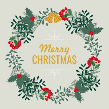 Farklı kış bitkileriyle Noel çelengi. Retro düz stil vektör illüstrasyonu