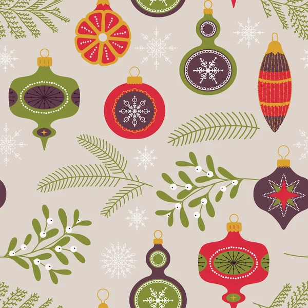 Χριστουγεννιάτικο Vintage Μοτίβο Χωρίς Ραφή Γυάλινες Μπάλες Κλαδιά Ελάτης Και — Διανυσματικό Αρχείο