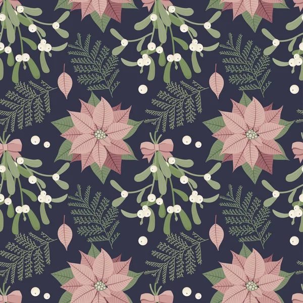 Motif Floral Sans Couture Noël Avec Poinsettia Fleurs Gui Illustration — Image vectorielle