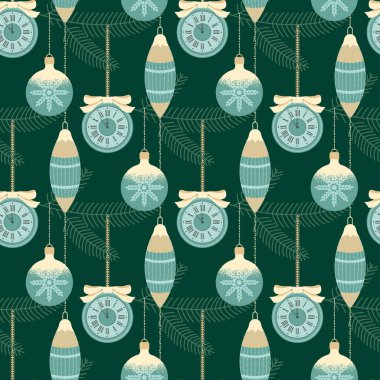 Cam topları ve ladin dalında saati olan klasik, dikişsiz Noel şablonu. Retro biçiminde vektör illüstrasyonu