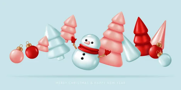 Weihnachten Hintergrund Mit Schneemann Und Weihnachtsbäume Vektorillustration Stil — Stockvektor