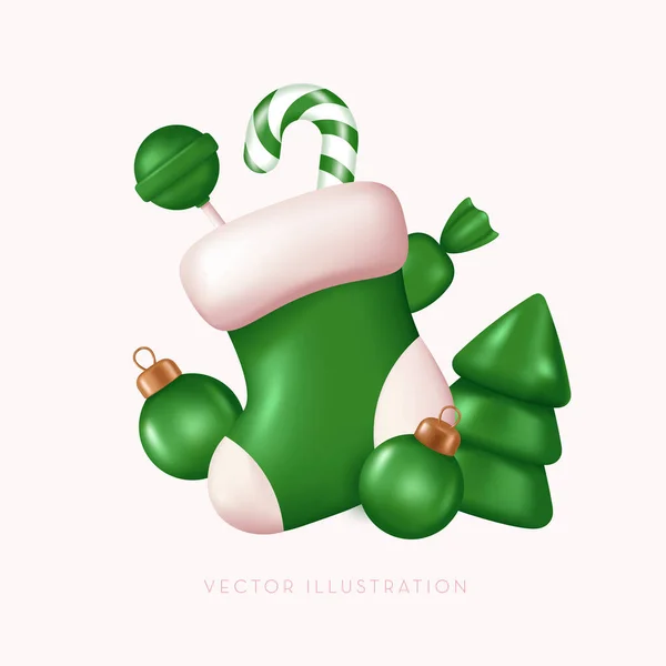 圣诞作品与绿色袜子 糖果和玻璃球 3D风格的矢量说明 — 图库矢量图片