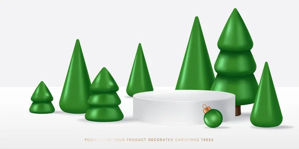 Podium Pour Votre Produit Décoré Arbres Noël Verts Illustration Vectorielle — Image vectorielle