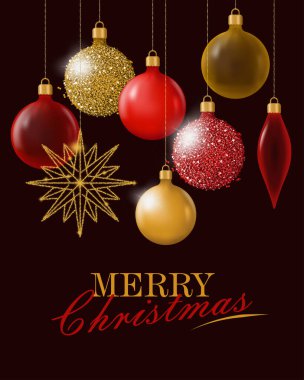 Dekoratif cam küreli Noel posteri. Gerçekçi bir biçimde vektör illüstrasyonu