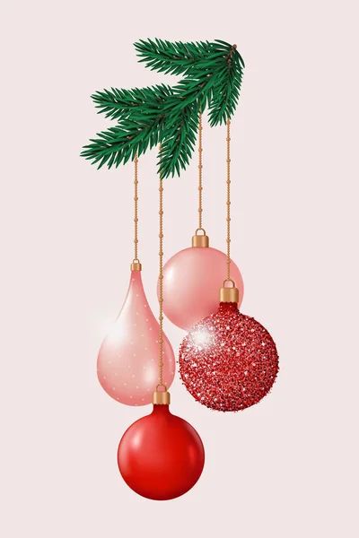 Karácsonyi Díszítő Üveggolyók Fenyőágon Reális Vektor Illusztráció — Stock Vector